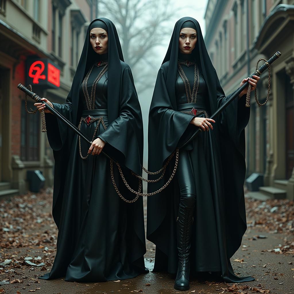 Gothic Nuns in Abandoned Fairground: Dark Fantasy Art