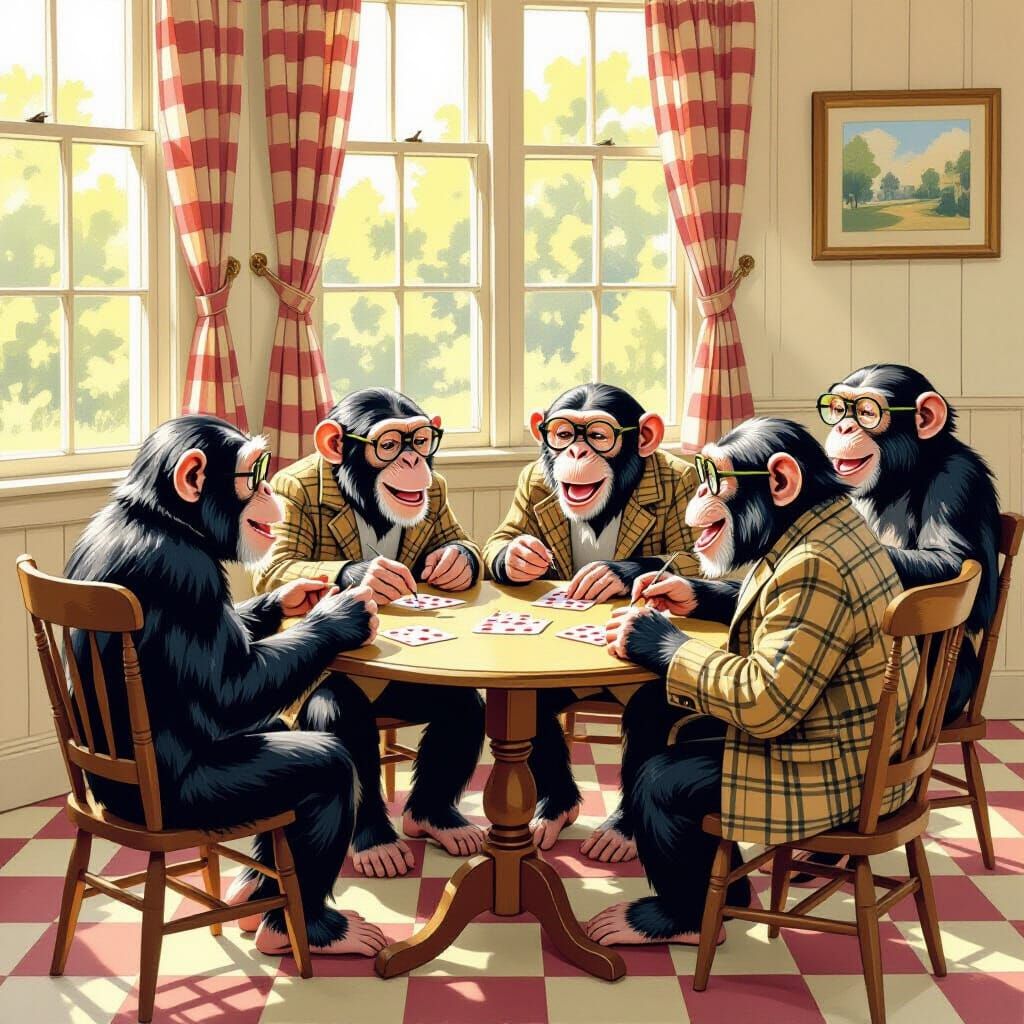 Chimps Play Bingo in Village Hall, Whimsical Illustration