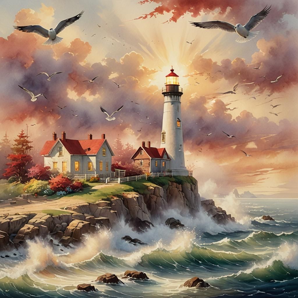 Watercolor Lighthouse Painting in Naturalism Style
