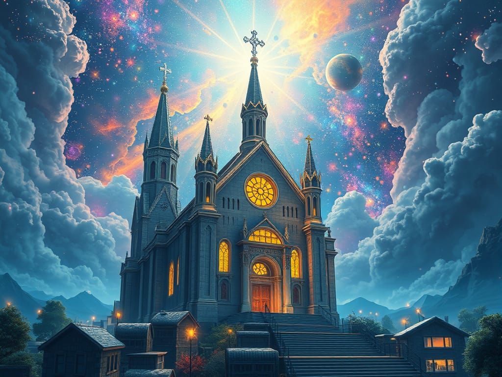 Luminous Catholic Church in Surreal Spring Landscape