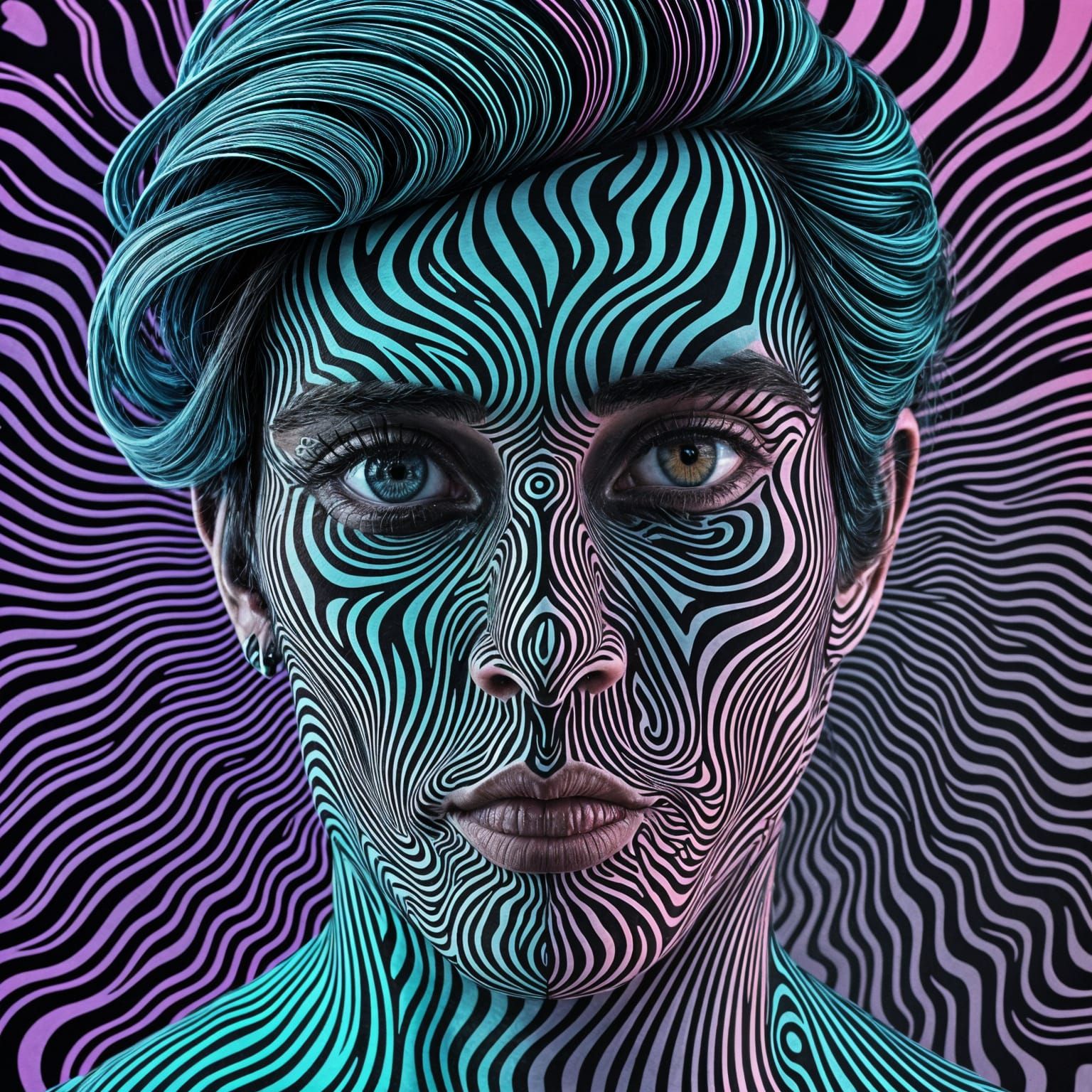 Psychedelic Optical Illusion Portrait in Swirling Patterns