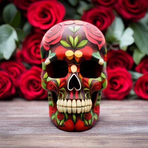 Rosewood Skull with Red Roses on Holly Background