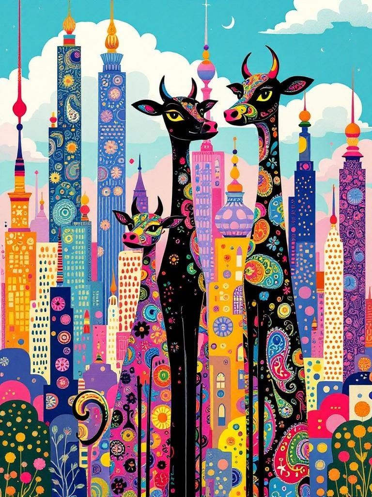 Paisley Cows in Hundertwasser-Burch-Kusama Cityscape