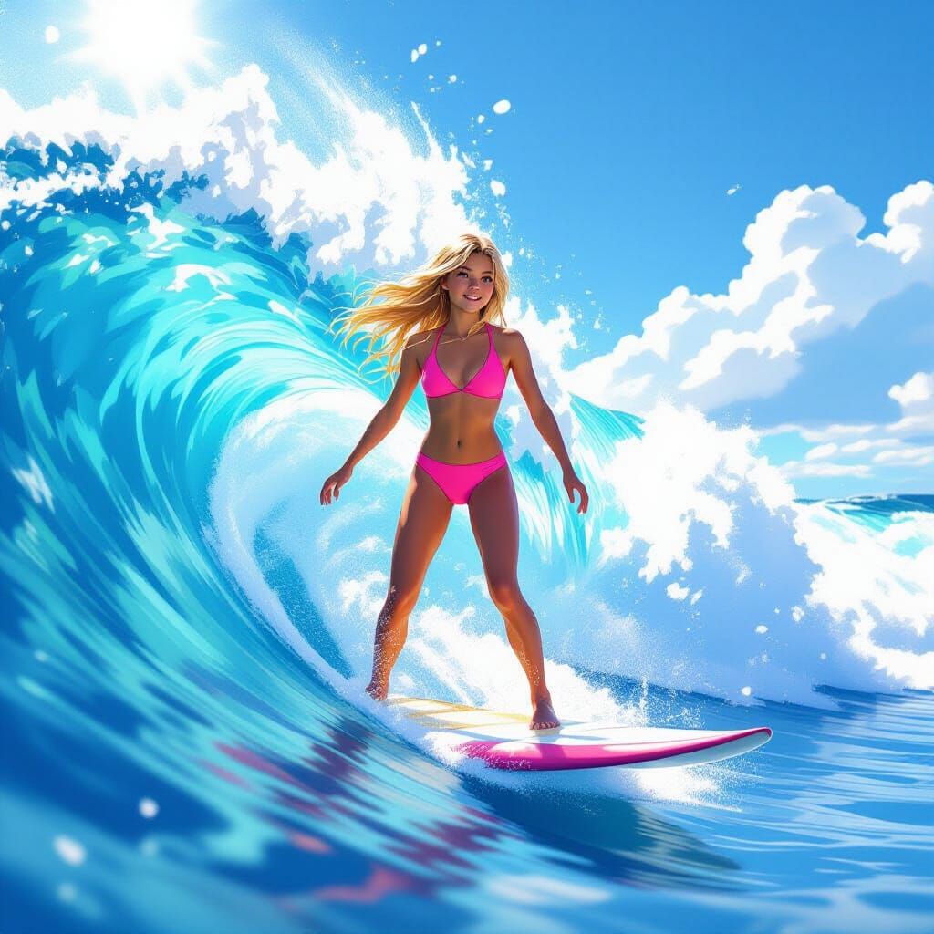 Girl Surfing Ocean Wave in Vibrant, Dreamy Style
