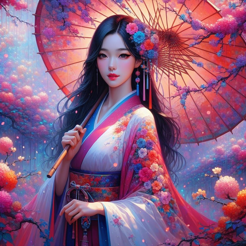 East Asian Girl with Umbrella in Spring Cherry Blossoms