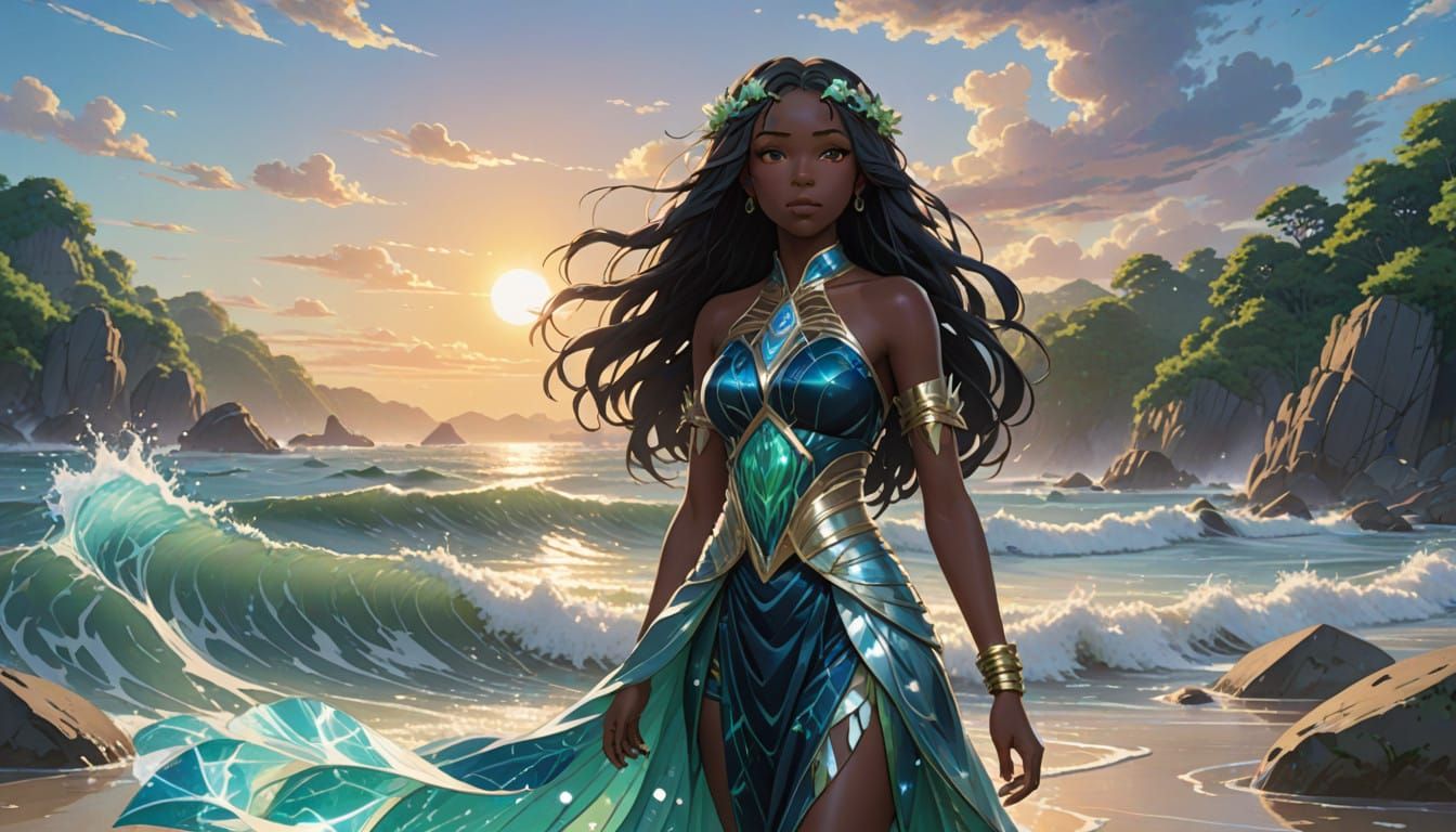 Serenely Standing Solarpunk Nymph in Tranquil River Landscap...