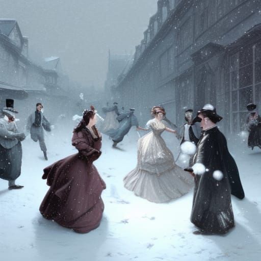 Victorian Snowball Fight in Art Nouveau Style
