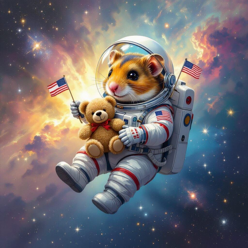 Hamster Astronaut Floats Through Nebula as Detailed Painting