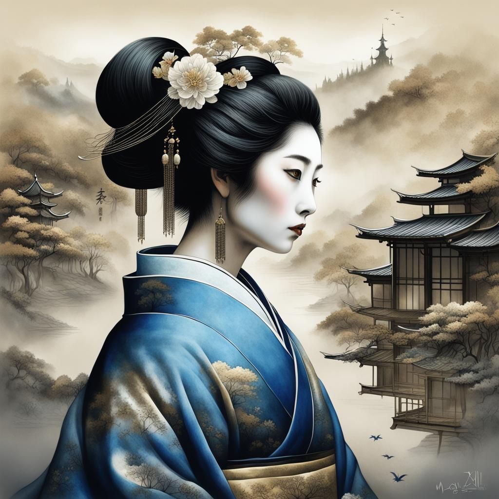 Geisha in Mystical Japanese Landscape: Medieval Engraving