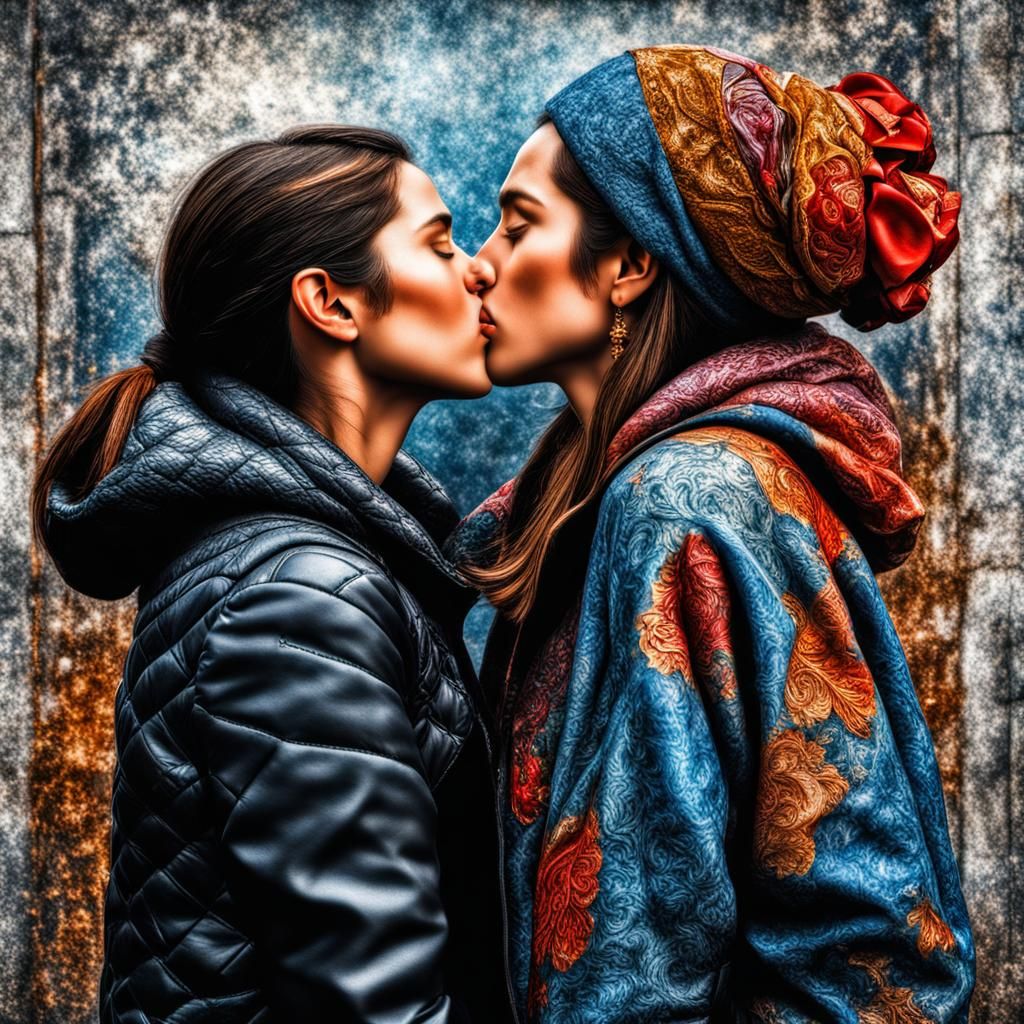 Intimate Kiss: Hyperrealistic Women's Portrait