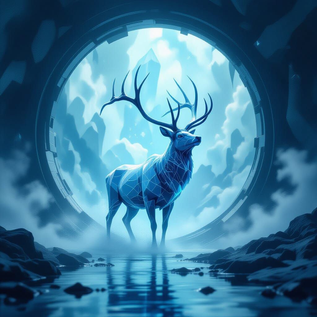 Cybernetic Elk Enters Portal in Cubism Style