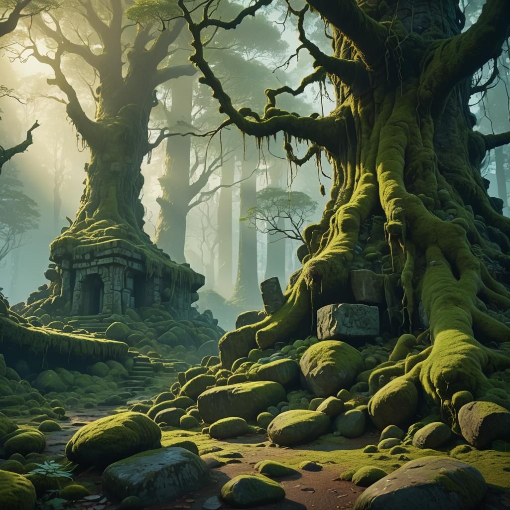 Mystical Forest Moss Ruins in Ethereal Light