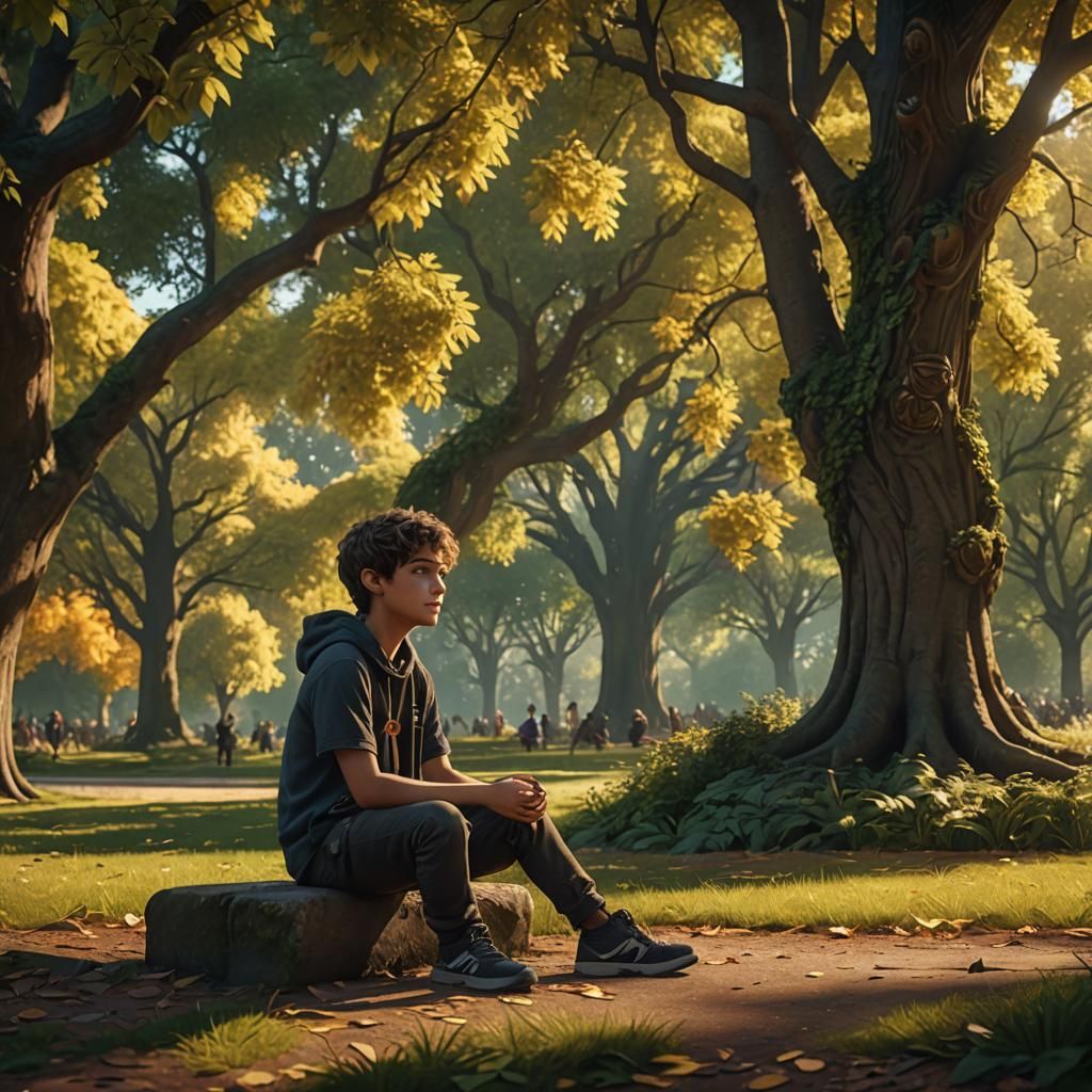 Boy in Park: Cinematic Matte Painting with Vibrant Colors