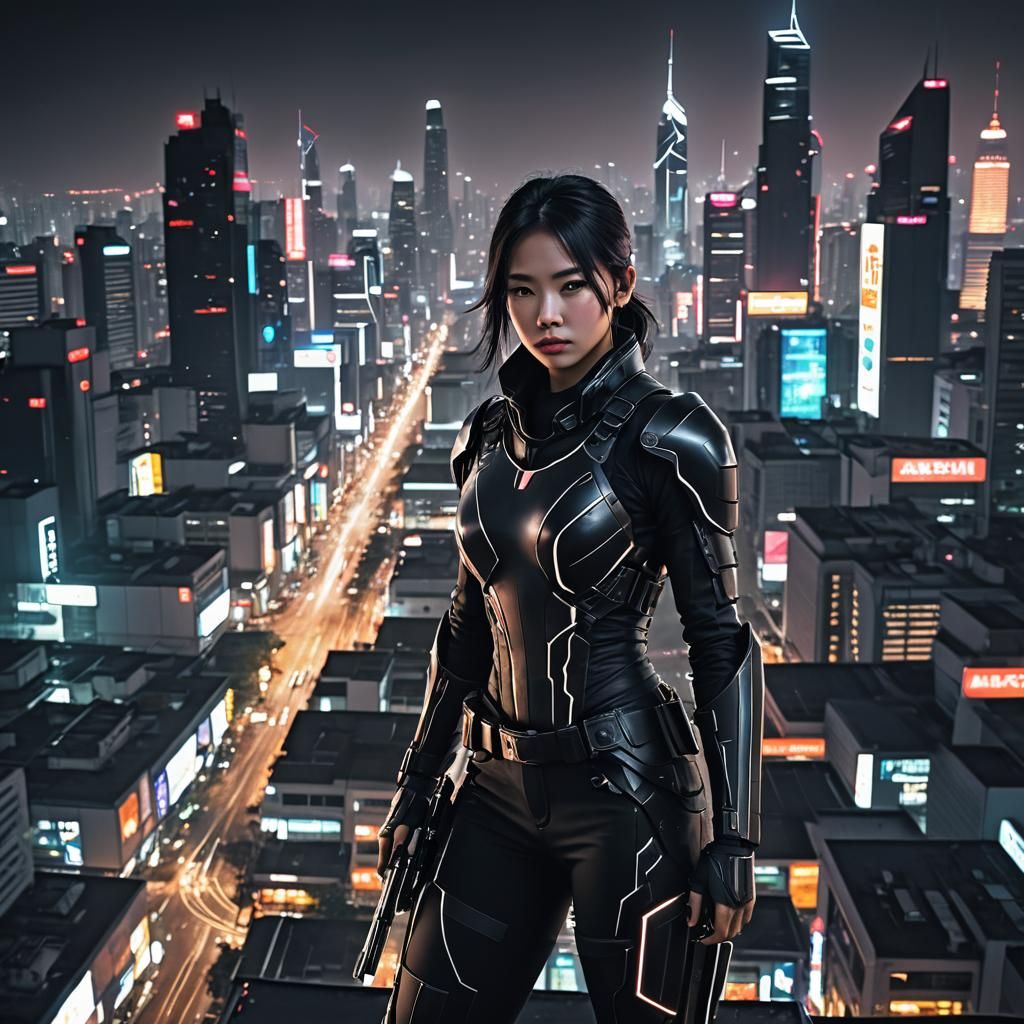 Futuristic Neon Assassin in Cyberpunk Cityscape