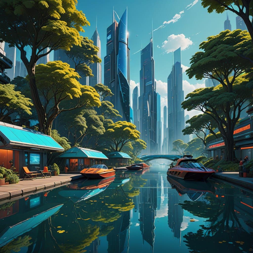 Surreal Futuristic Cityscape Boasts Serene Waterfront Oasis