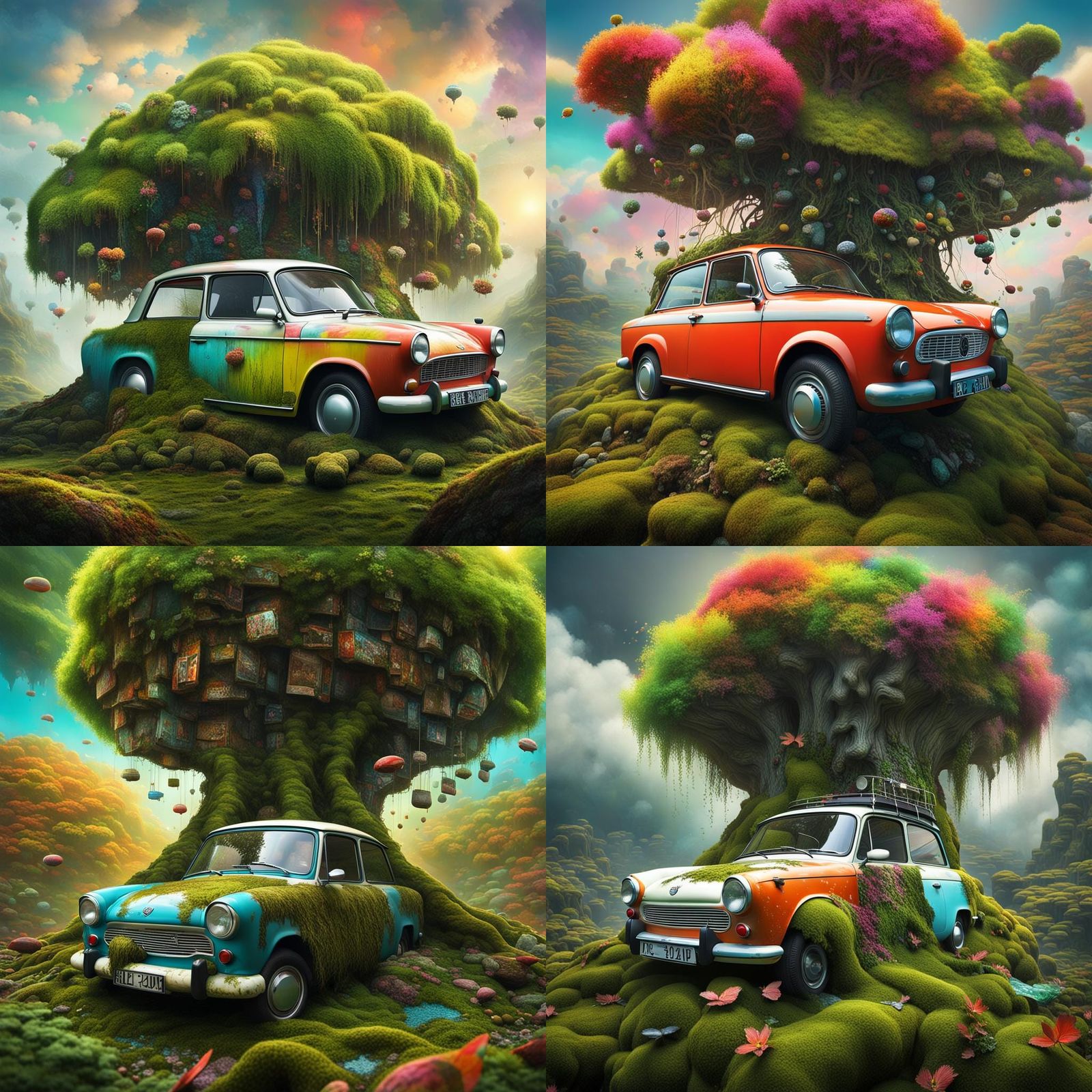 Moss-Covered Trabant Under Avatar Tree in Dreamscape