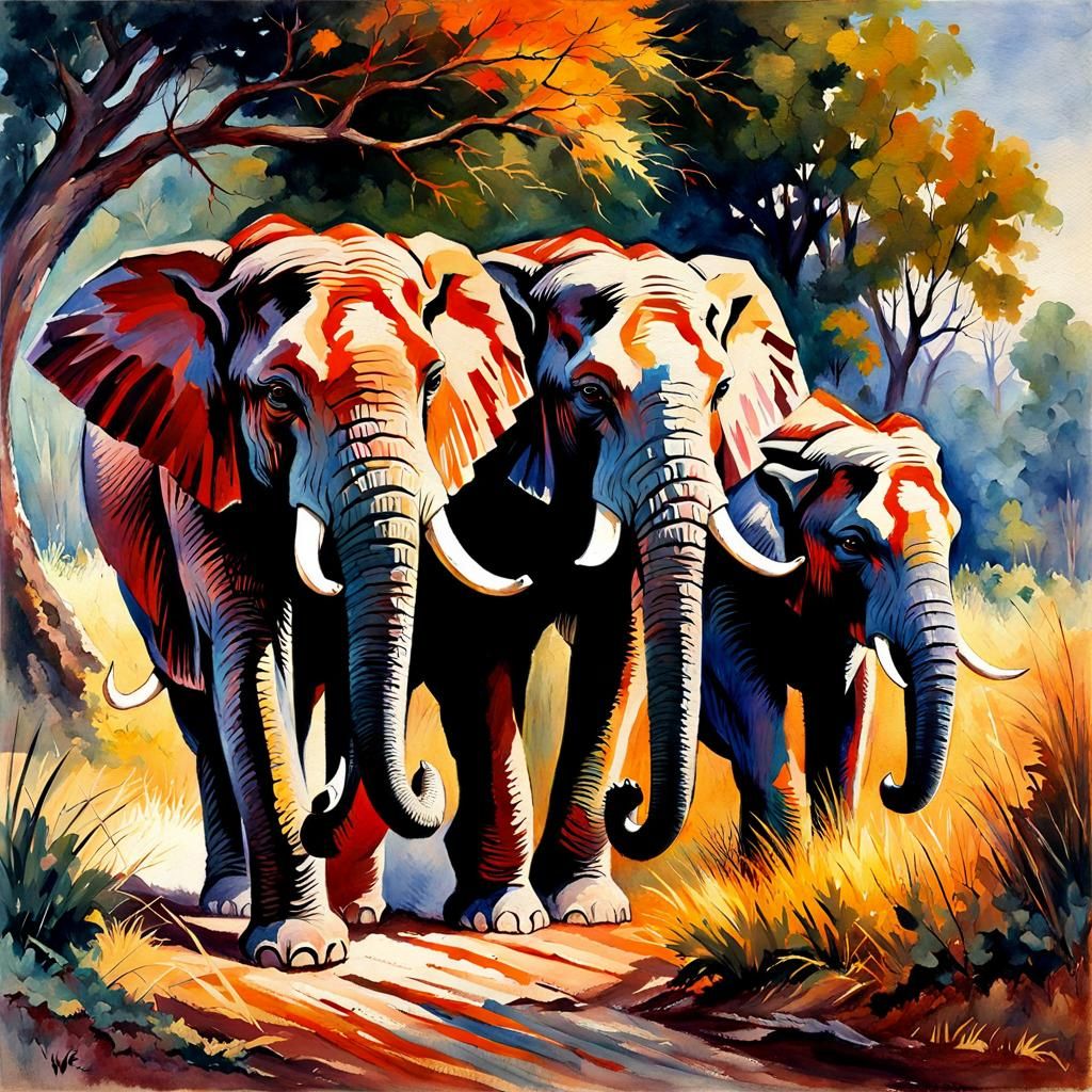 Elephants Carrying Log in Gouache Style