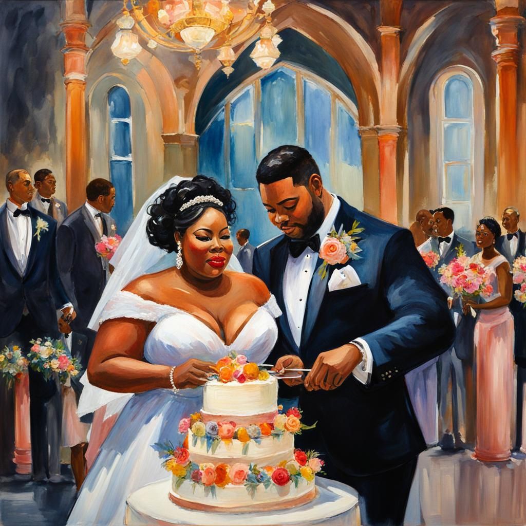 Plus-Size Bride and Groom Cutting Cake, Gouache Style