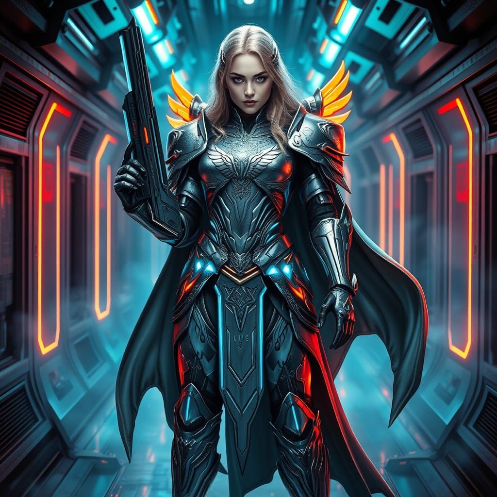 Divine Warrior in Cosmic Sci-Fi Armor