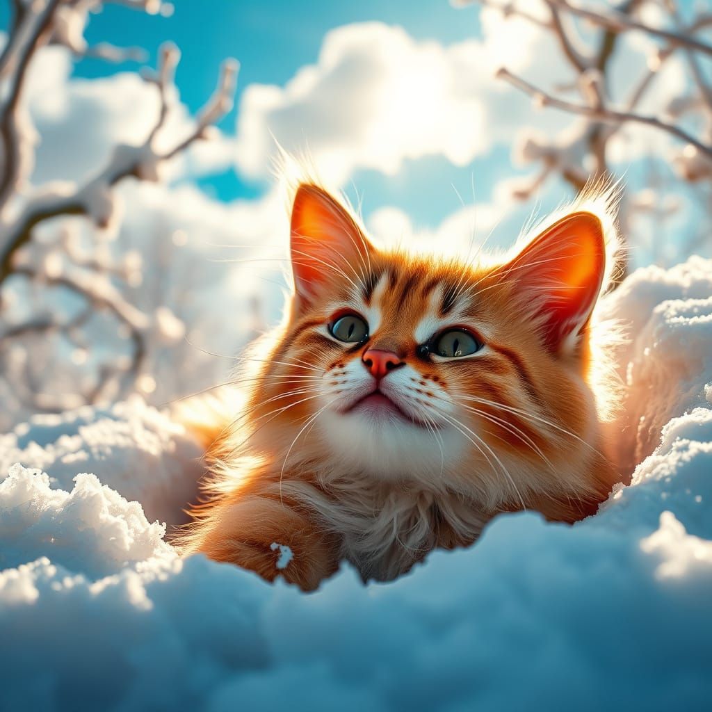 Joyful Snowy Feline Amidst Whirling Snowflakes