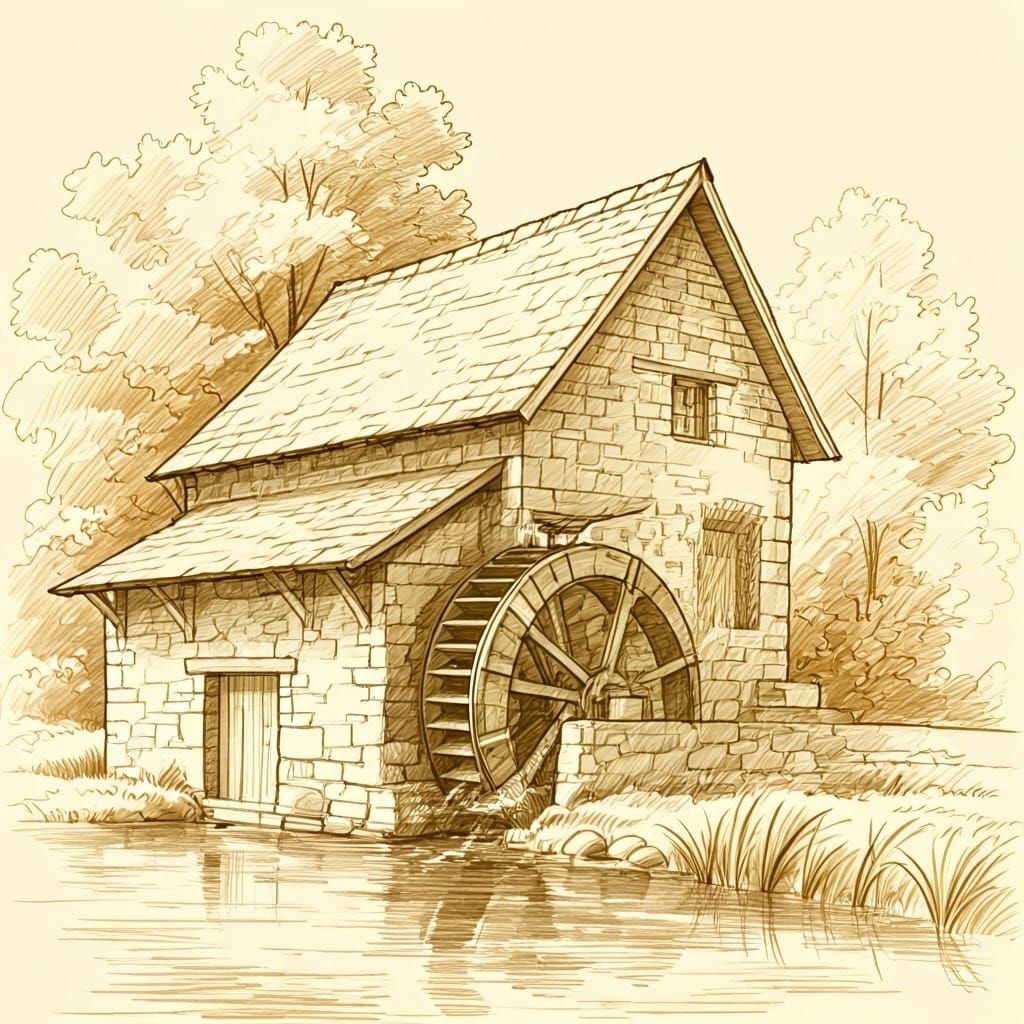 Medieval Mill with Waterwheel, Pencil Sketch in Piranesi Sty...