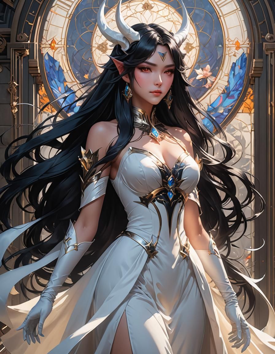 Anime Demon Girl Portrait with White Horns