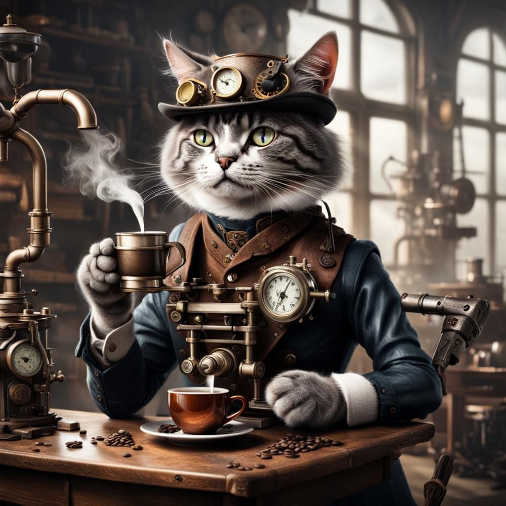 Steampunk Cat Sipping Coffee