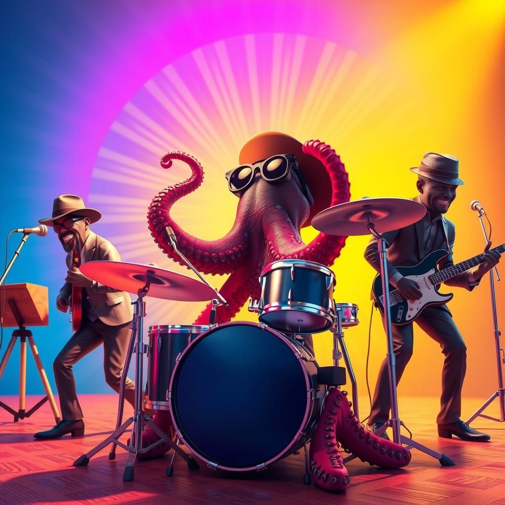 Octopus Drummer in Jazz Band, 3D Digital Art