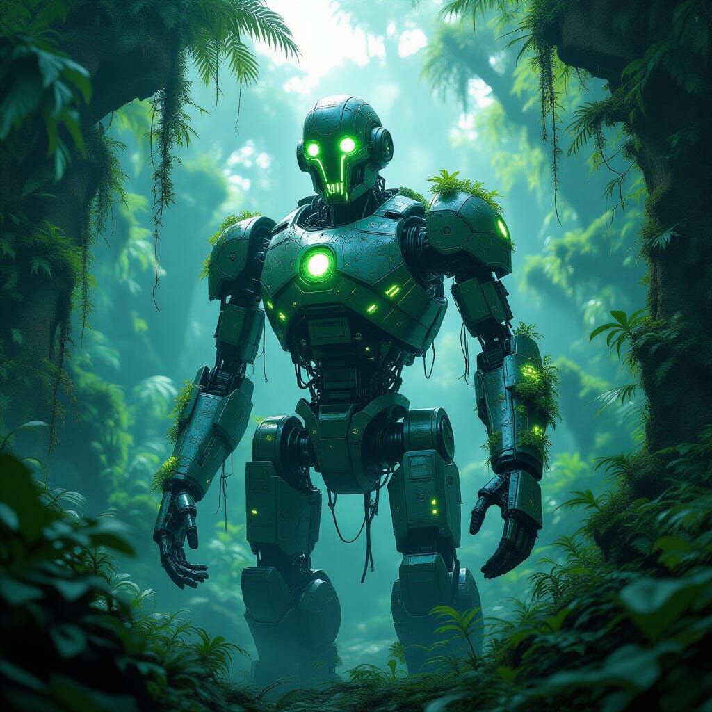 Ancient Automaton in Bioluminescent Alien Jungle