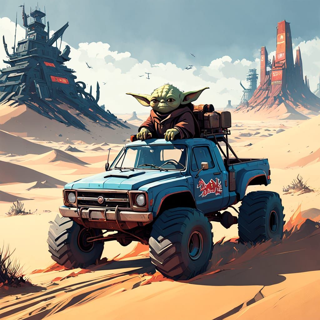 Baby Yoda Cruises Desert in Monster Truck, Sipping Redbull