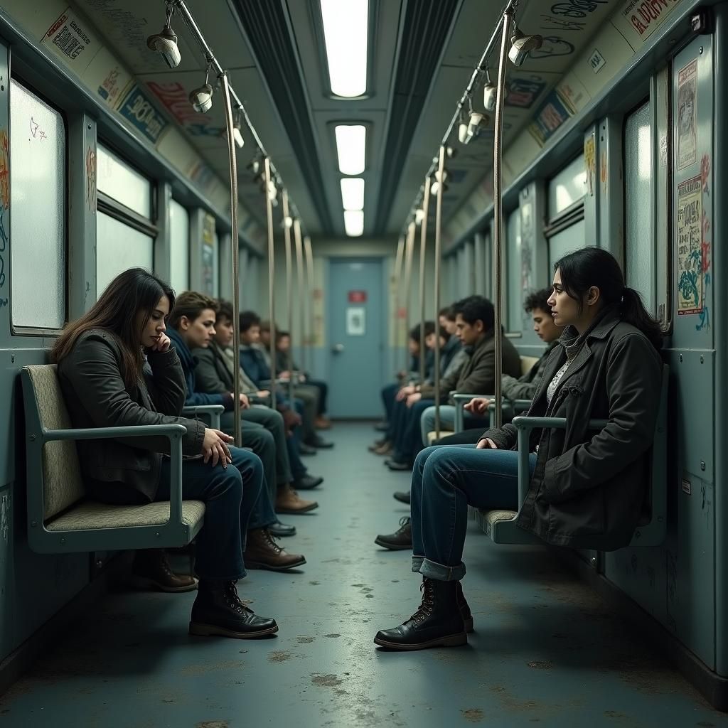 Gloomy Train Carriage Scene in Gritty Impasto Style