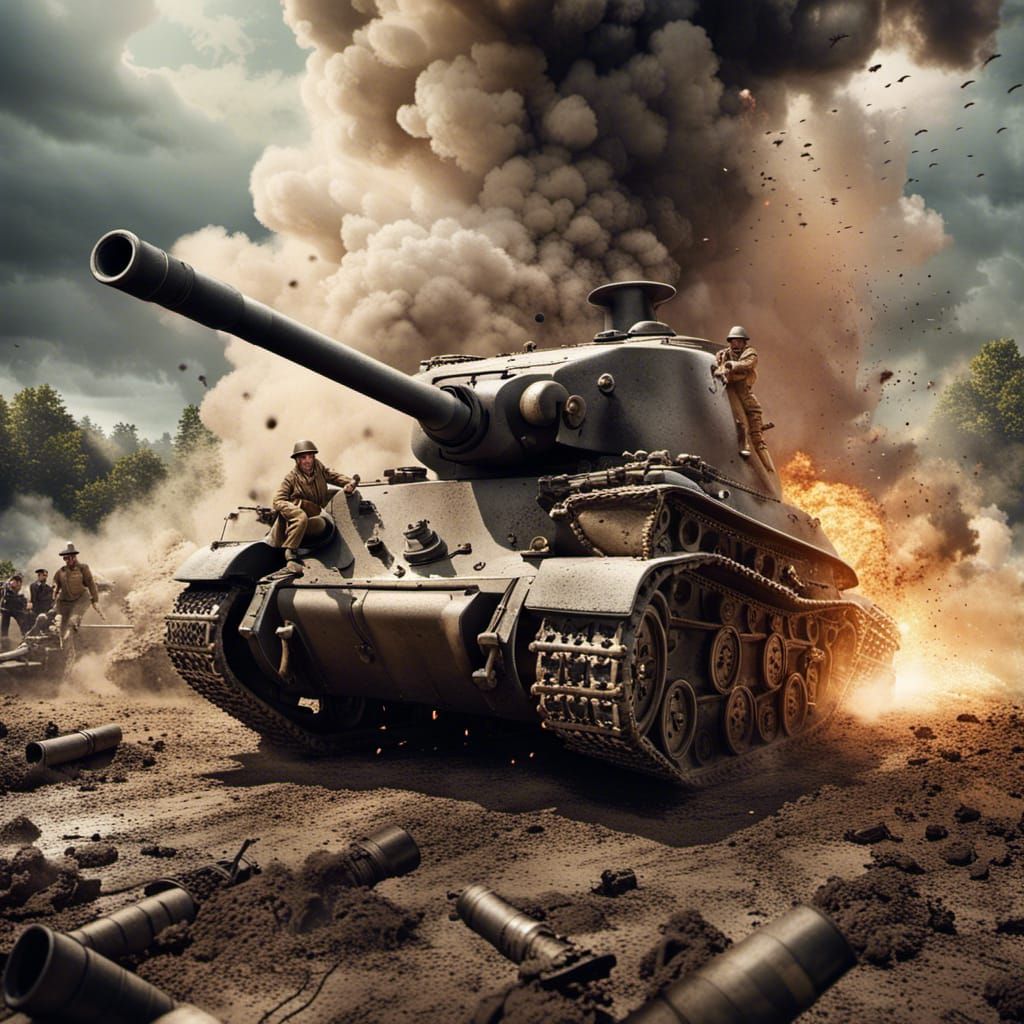 WWII Tank Fires Gun on Battlefield in Hyperrealism