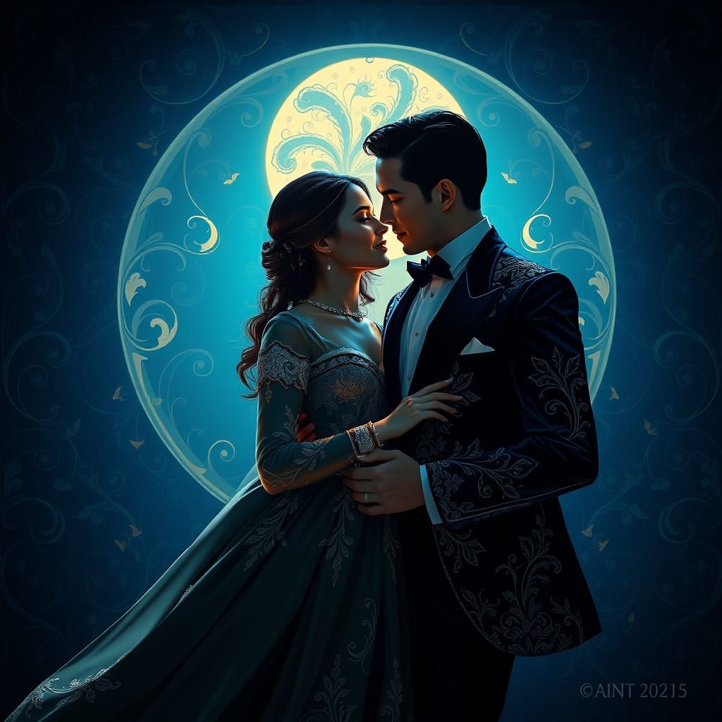 Regal Couple Under Midnight Blue Moonlight