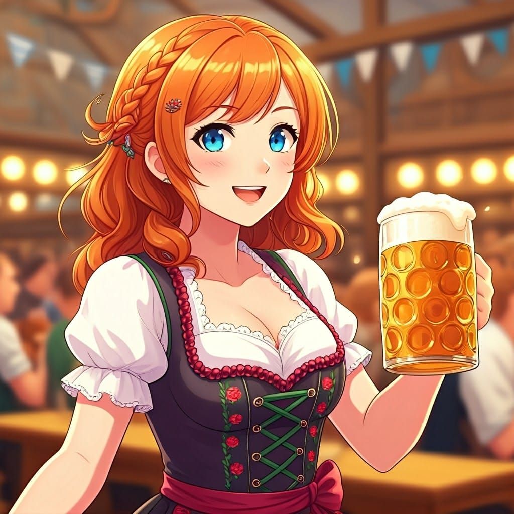 Lively Ginger Woman Presents Beer: Anime Art