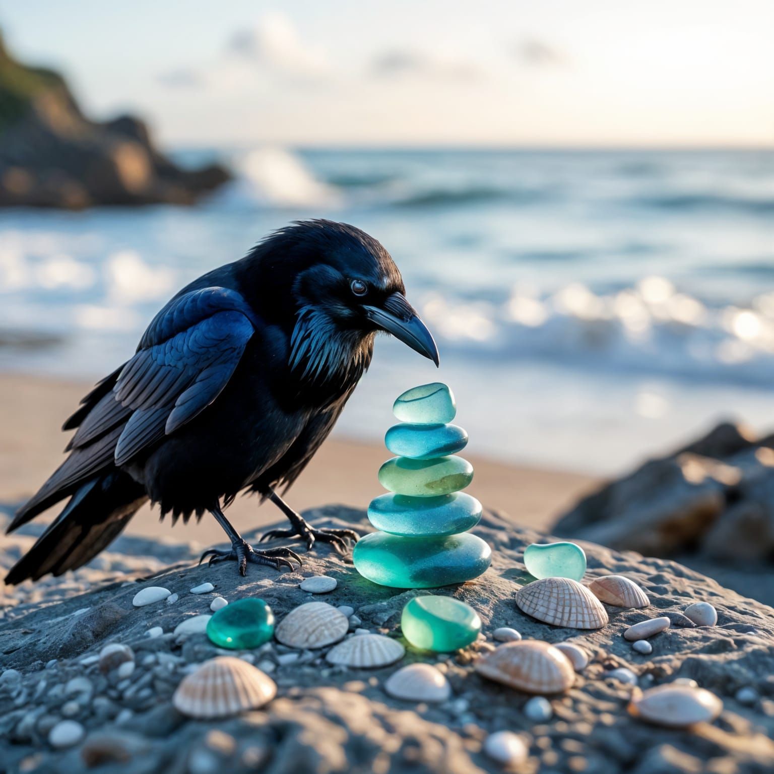 Raven Crafts Sea Glass Sculpture on Coastal Rock