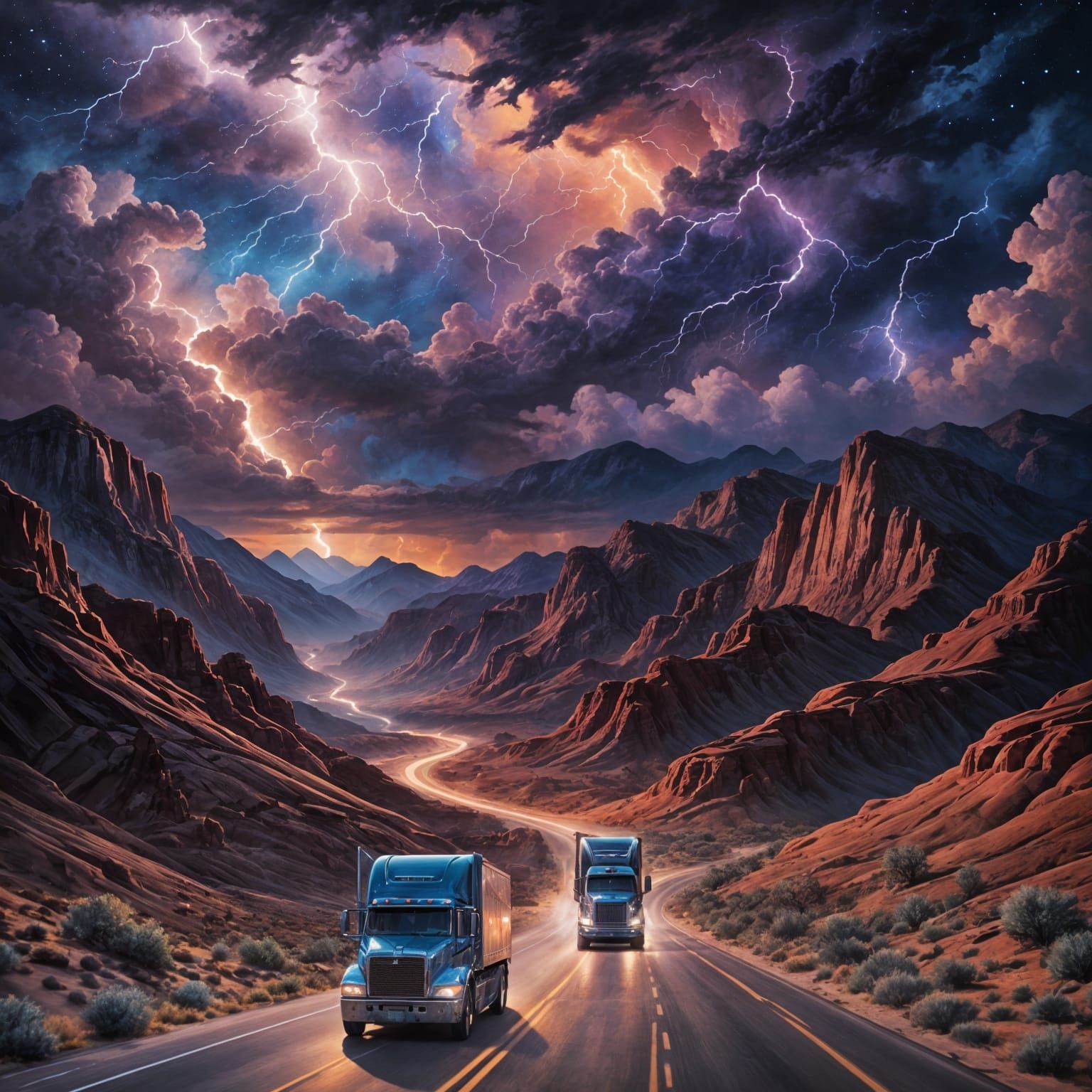 White Semi Truck in Arizona Desert Night Sky