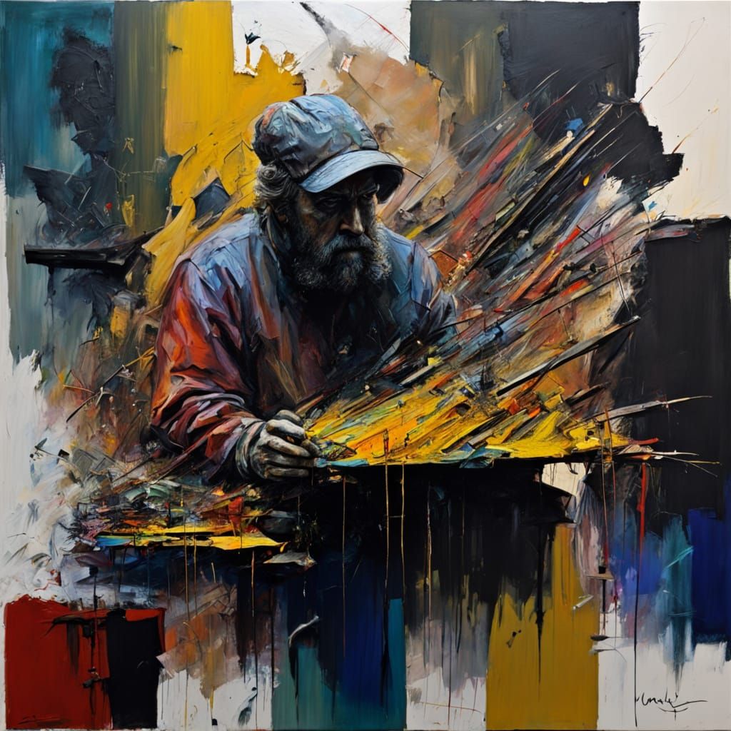 Contemporary Art Figure Lost in Thought Among Swirling Brush...