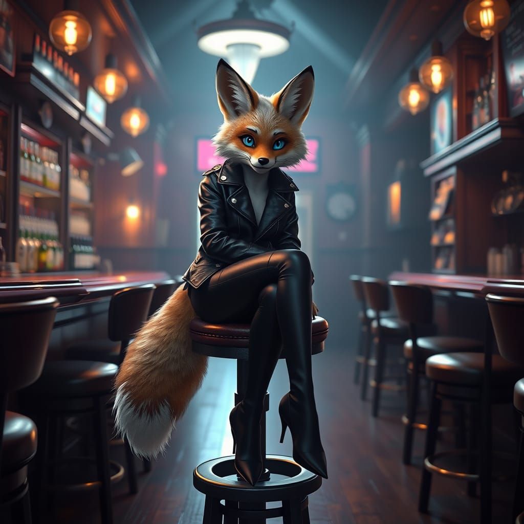 Blue-Eyed Fox in Leather Outfit, Cinematic 3D Render