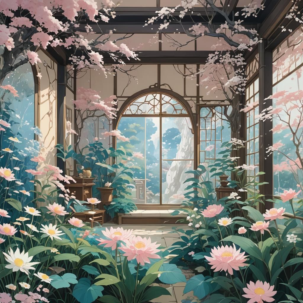 Elegant Studio Ghibli Fresco on Massage Parlor Window