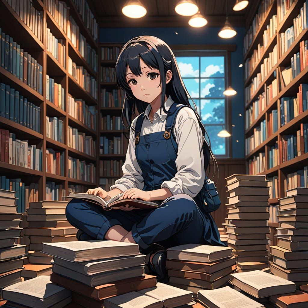 Girl Among Floating Pages in a Vibrant Library