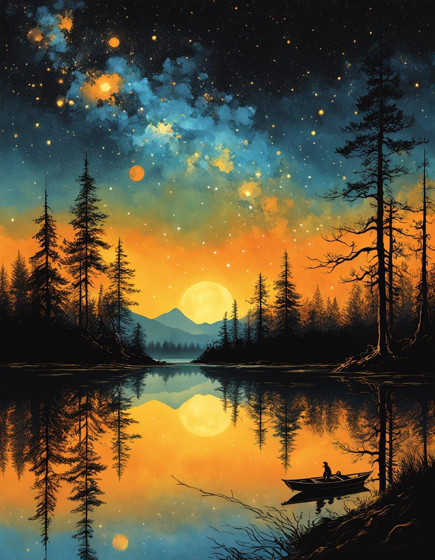 Serene Lake under a Galaxy Sky