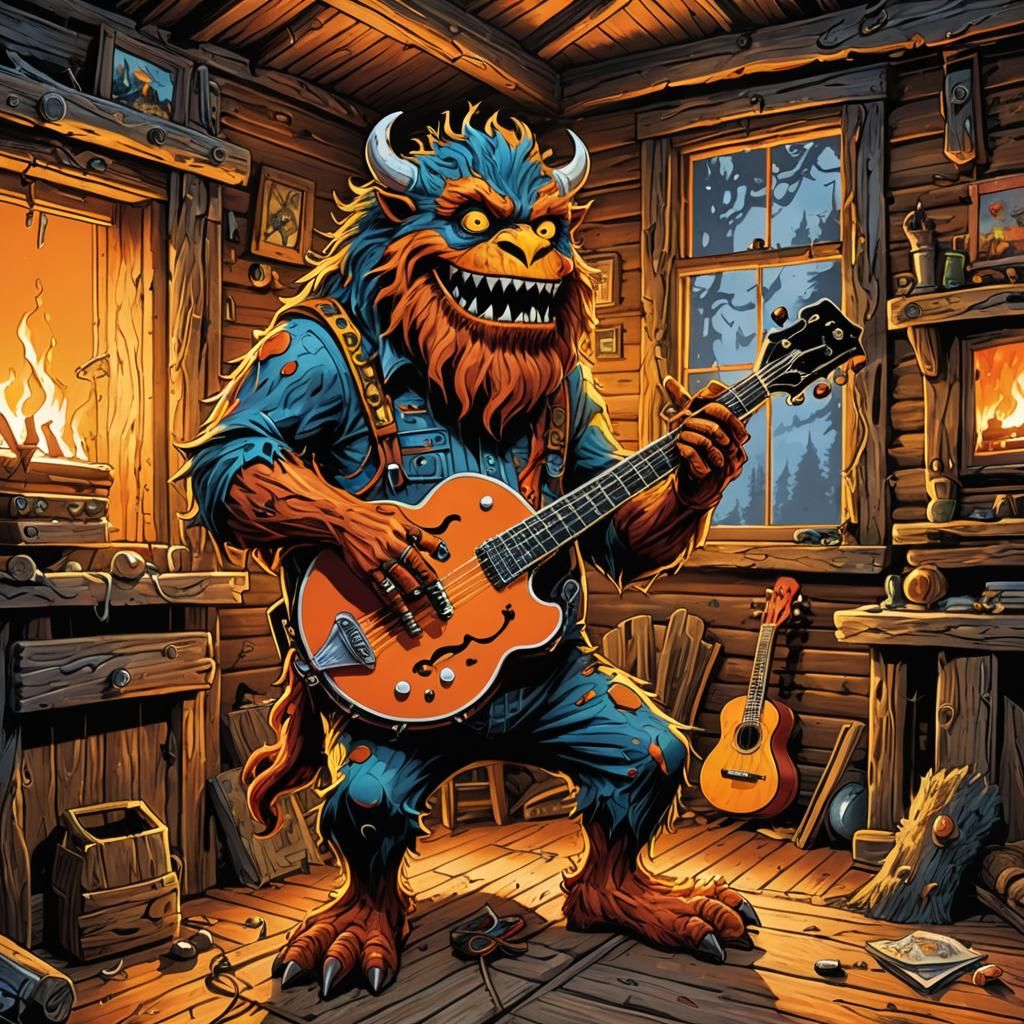 Cartoon Monster's Cabin Concert in Comic Book Style