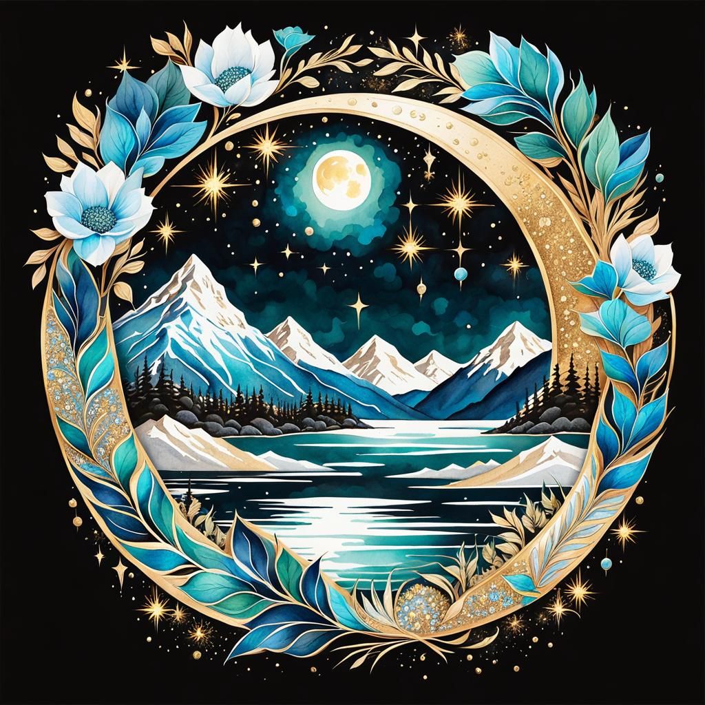 Ethereal Moonscape Watercolor with Golden Accents