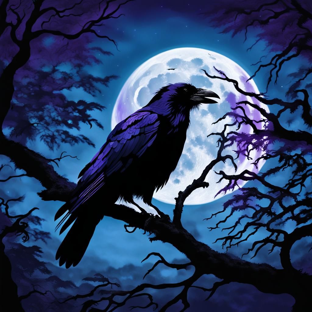 Ethereal Raven Silhouette Takes Flight under Full Moon