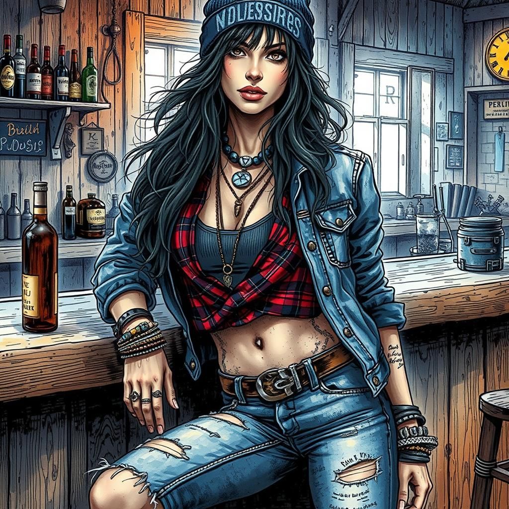 A stunning woman wearing a  plaid shirt, ripped jeans, denim...
