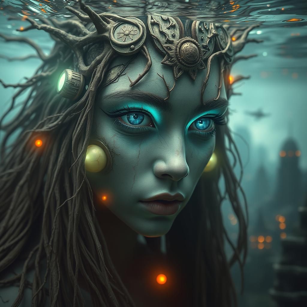 Underwater Druid Portrait in Necropunk Anime Style