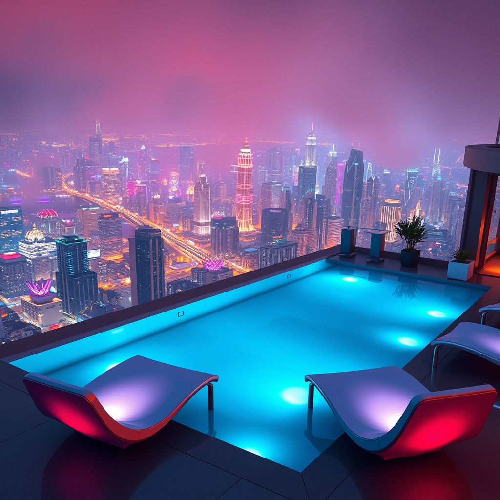 Neon City Reflection in Rooftop Infinity Pool