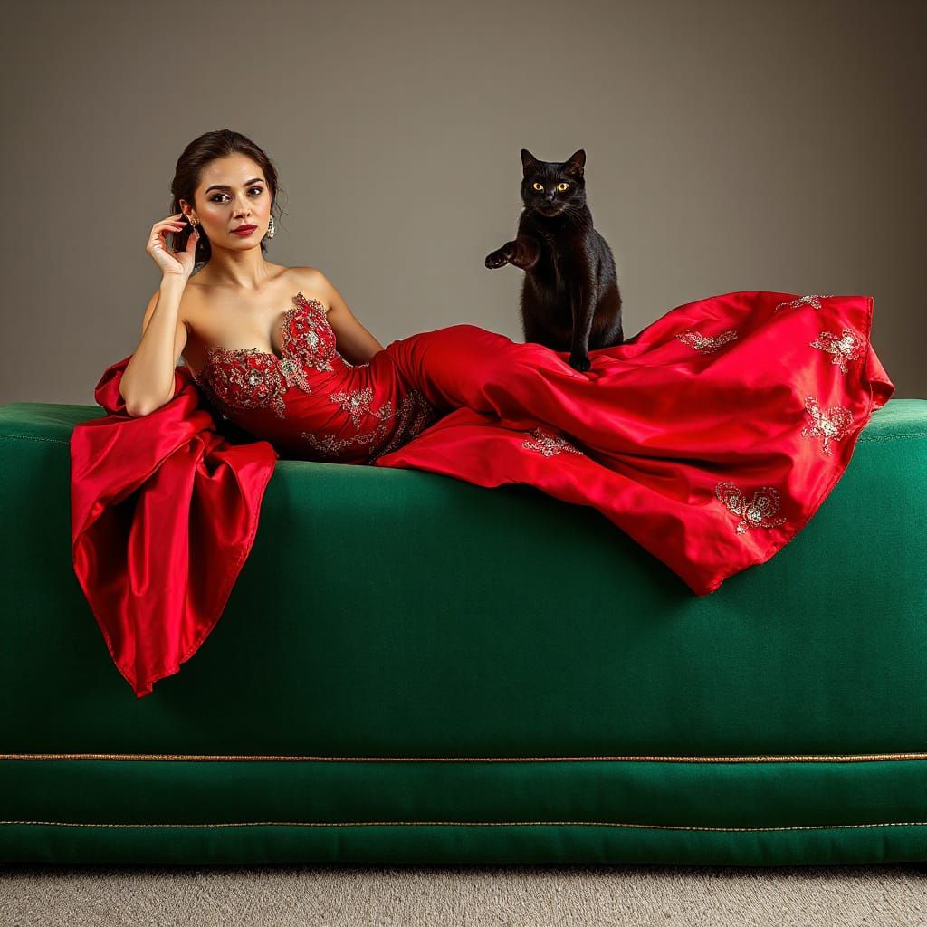 Elegant Woman in Crimson Gown Poses on Emerald Velvet Sofa w...