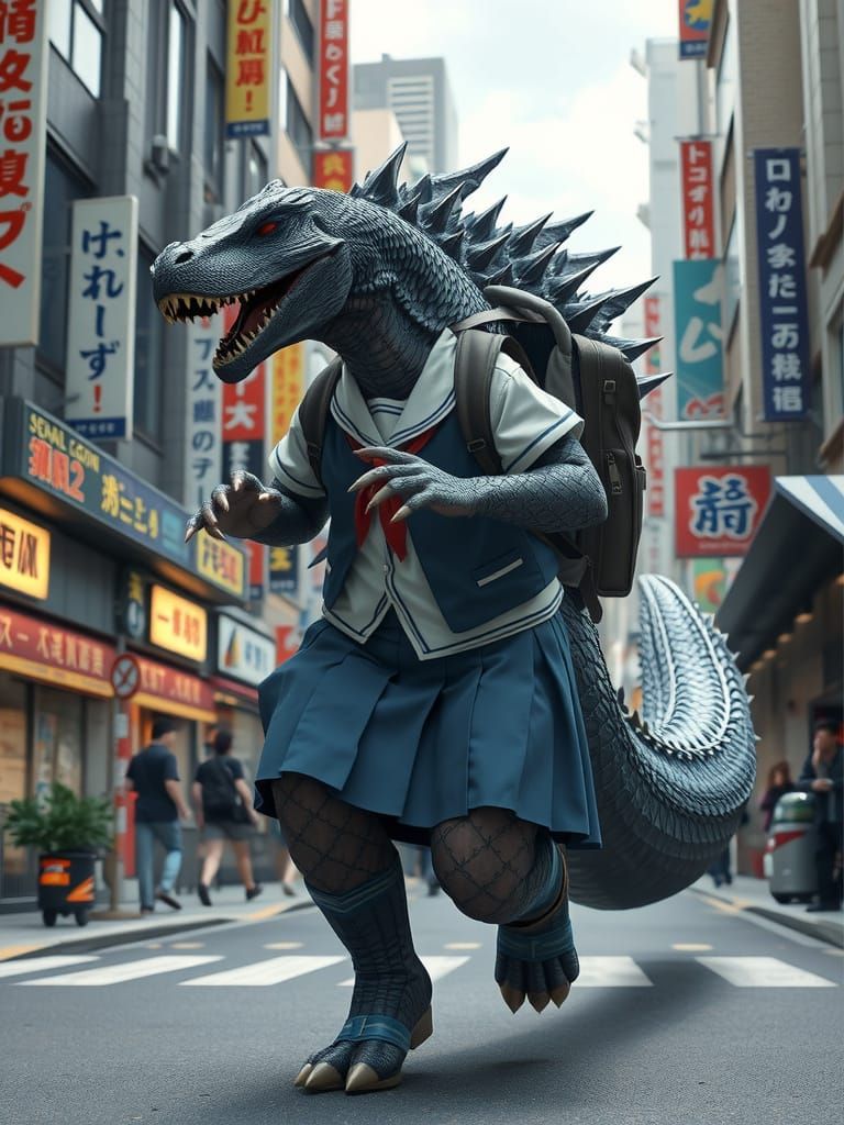 Godzilla in School Girl Uniform Rushes Through Tokyo