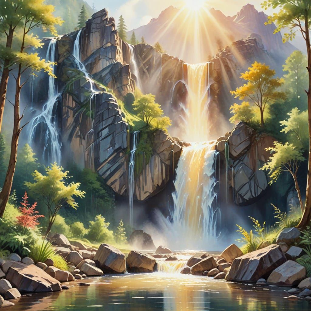 Dreamy Watercolor Waterfall in Sunny Woods